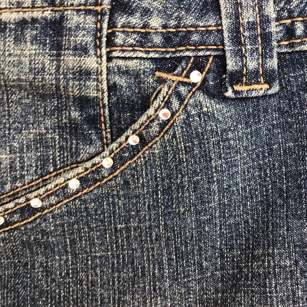 Y2K Rhinestone Bling Plaid Flower Ruffled Blue‎ Jean Denim Pleat Twee Mini Skirt